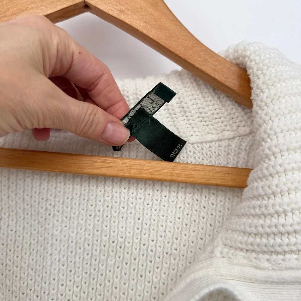 Lauren Ralph Lauren Preppy Sweater White Knit Split Neck Pullover Open Weave LG‎